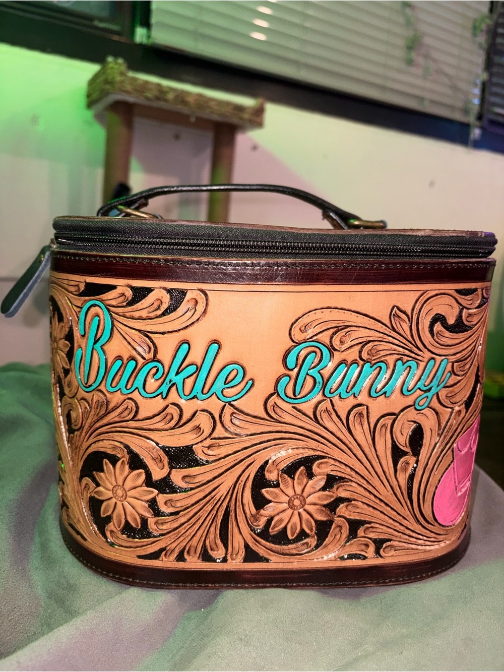 Buckle Bunny Tooled Leather Cosmetic / Travel Case - Turquoise Script